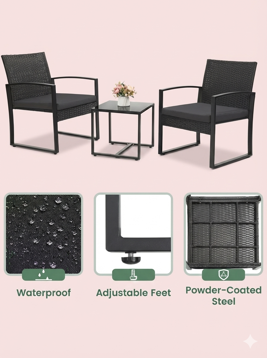 3-Piece Outdoor Patio Furniture Set – Wicker Chairs + Bar Table