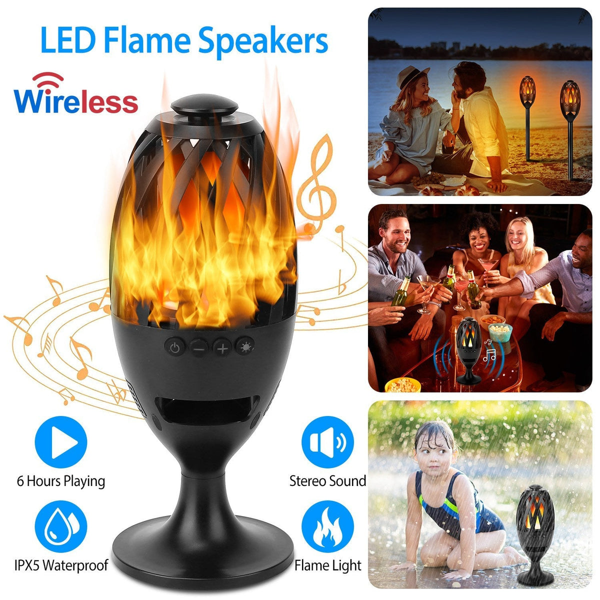 LED Flame Speakers Torch Wireless Speaker Waterproof Stereo Bass Speaker Outdoor