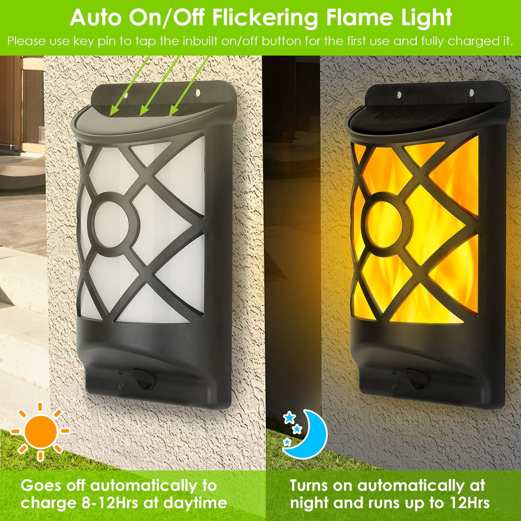 Flame Solar Lights 96 LEDs Waterproof Flickering Flame Wall Mount Lamp Auto On Off