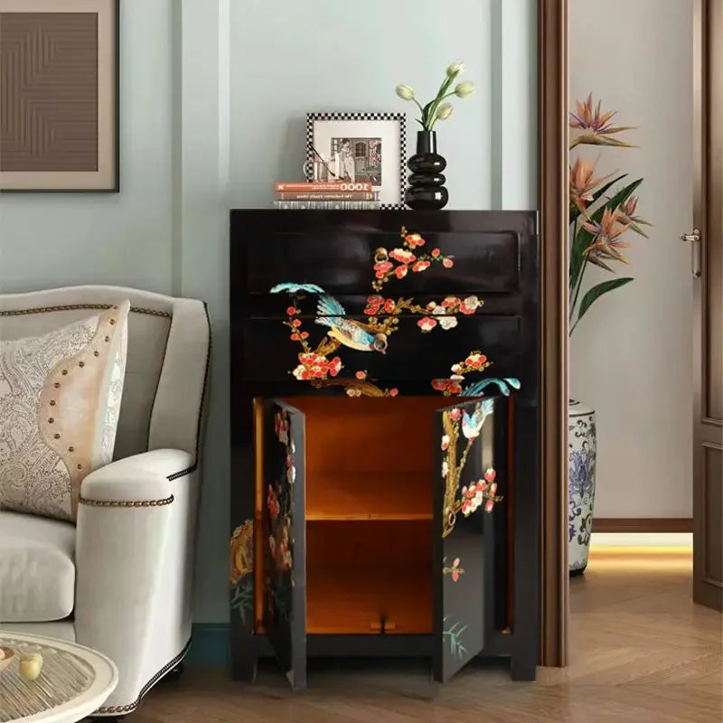 Hand-Painted Chinese Lacquer Bedside Cabinet & Sofa Side Table