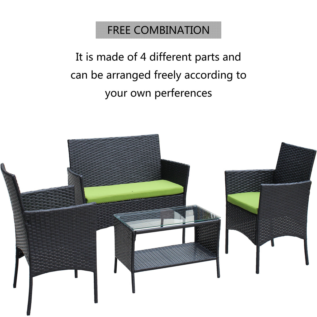 4 PC Rattan Patio Set Outdoor Cushioned Wicker Sofa Green Cushion