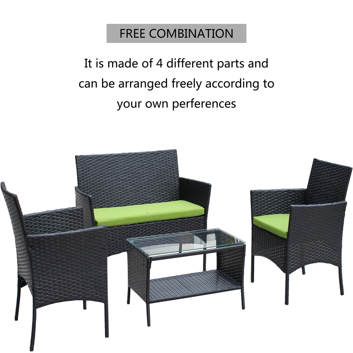 4 PC Rattan Patio Set Outdoor Cushioned Wicker Sofa Green Cushion