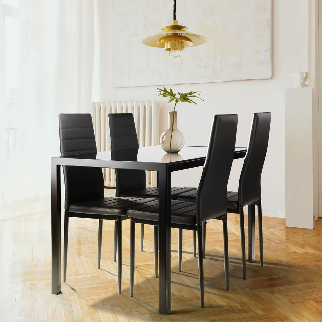 5 Pieces Dining Table Set, Tempered Glass Dining Table, 4 Faux Leather Chairs - Black