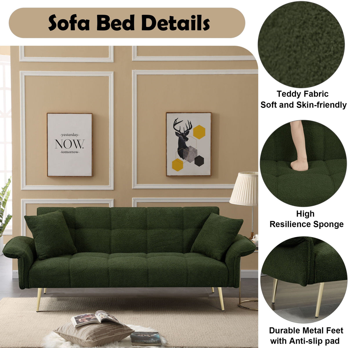 Convertible Double Futon Sofa Bed With Folding Armrests For Living Rooms