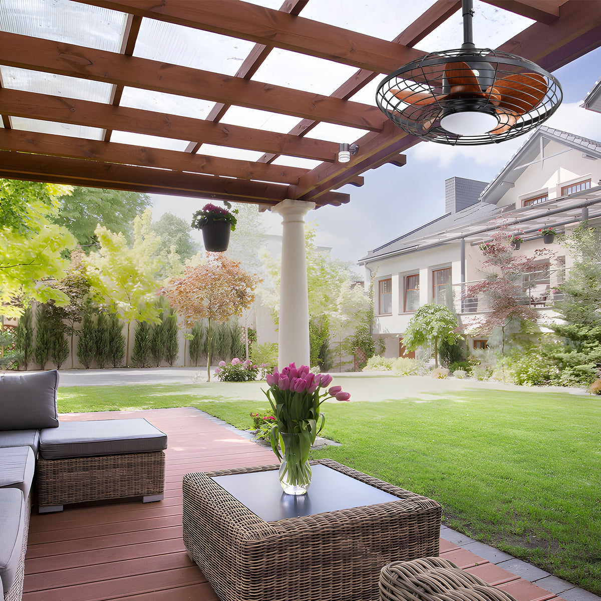 Outdoor Ceiling Fan With DC Motor And LED Light, Blades, Reversible For Patios - Black