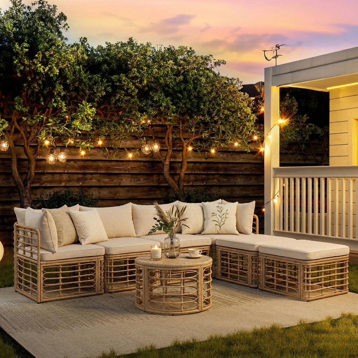 Patio Furniture, All-Weather Rattan Sectional Sofa Set With Thick Cushions And Pillows, Freely Combined Conversation Sets For Garden, Backyard, Balcony