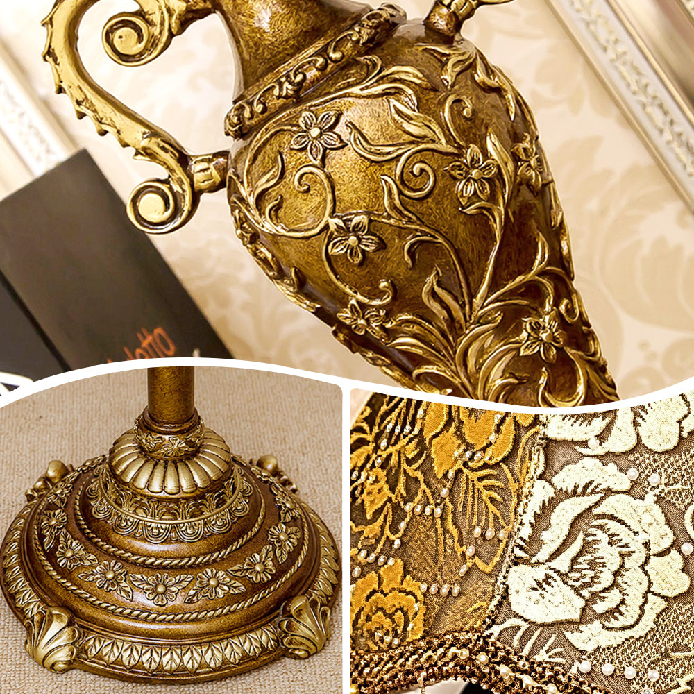 Antique Brass Table Lamp – Floral Fabric Drum Shade