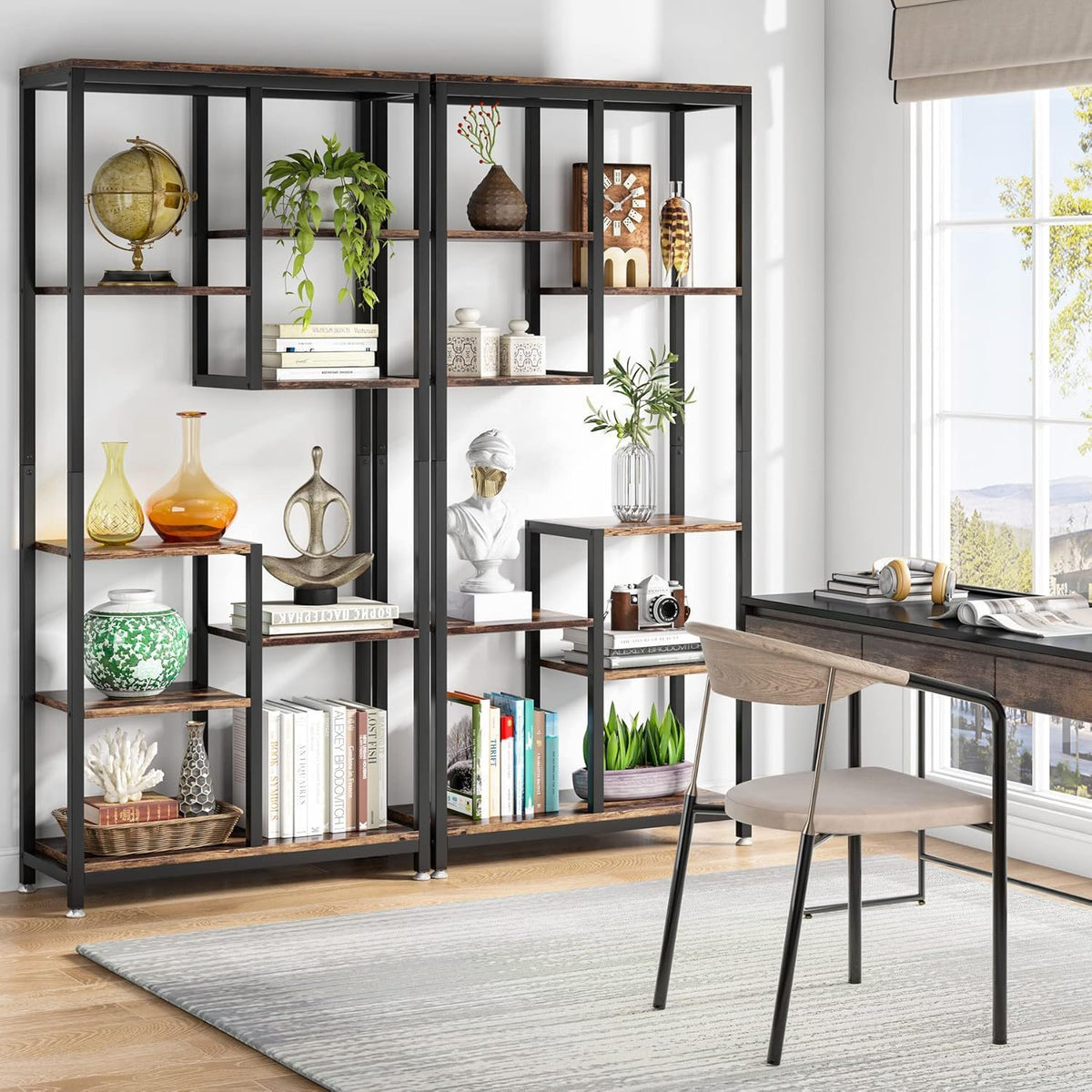 6 Tier, 8 Shelf Etagere Bookcase Storage Display Rack For Living Room - Rustic Brown