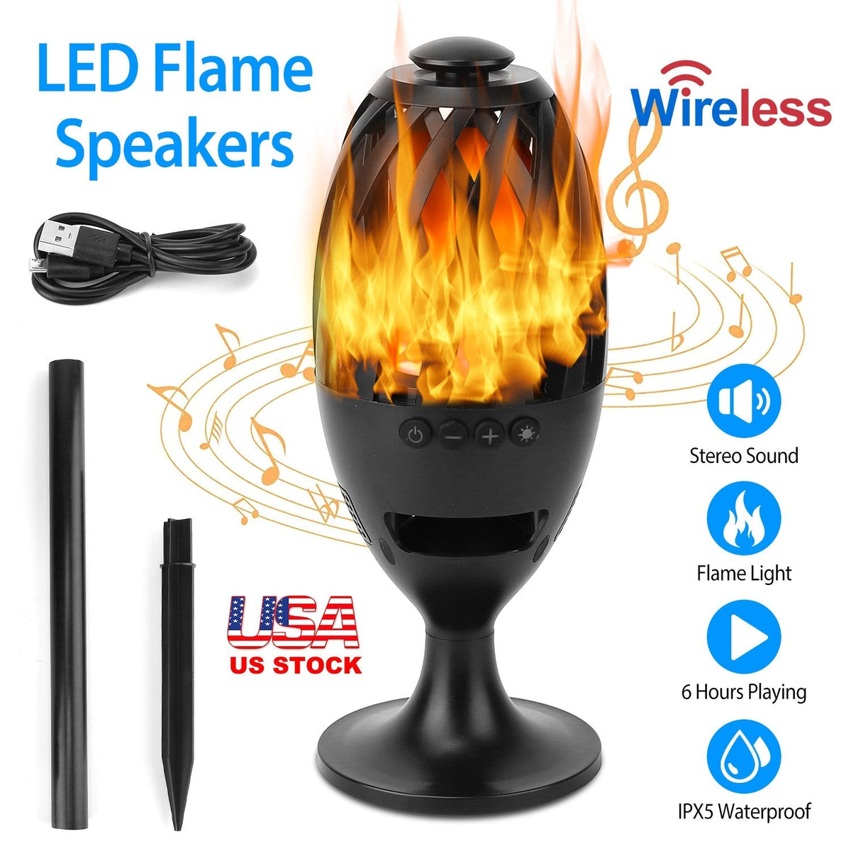 LED Flame Speakers Torch Wireless Speaker Waterproof Stereo Bass Speaker Outdoor