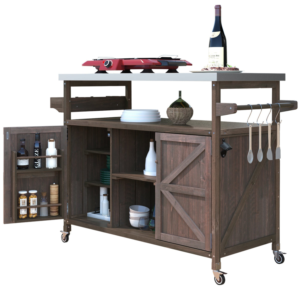 Outdoor Kitchen Island, Rolling Bar Cart & Storage Cabinet