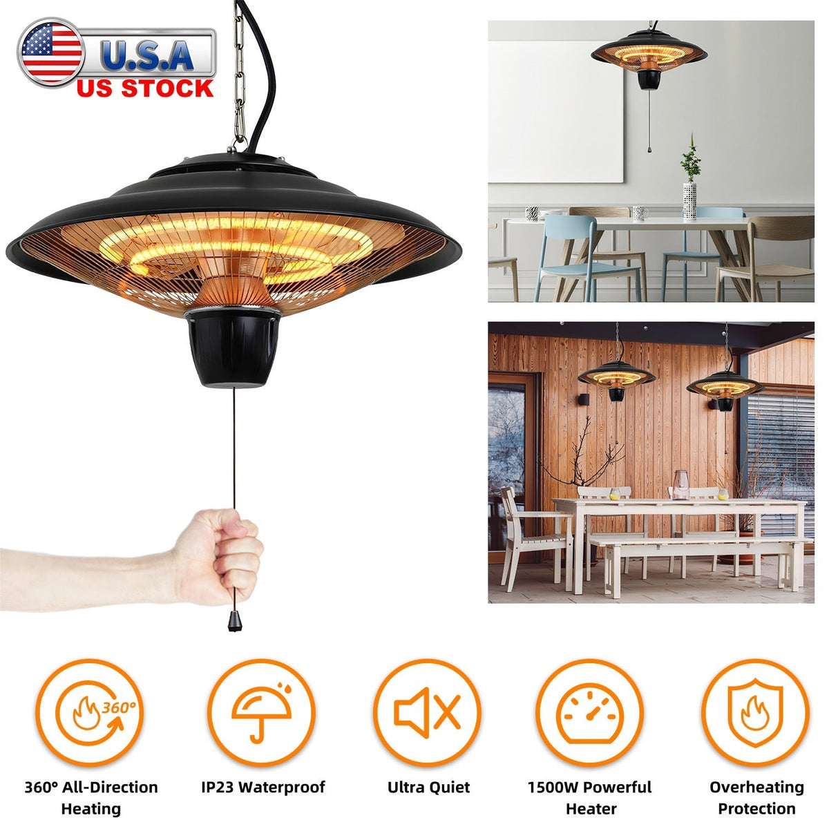 1500W Outdoor Hanging Patio Heater Waterproof 2 Heating Levels Overheating Protection