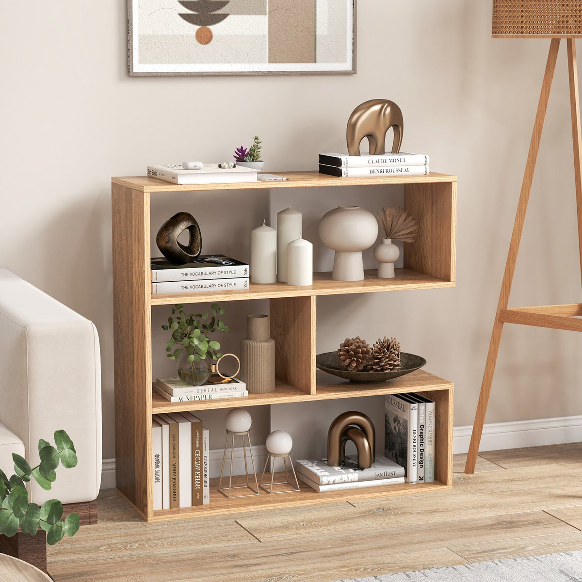 Concave Bookshelf 3-Shelf Open Bookcase with Anti-Toppling Device