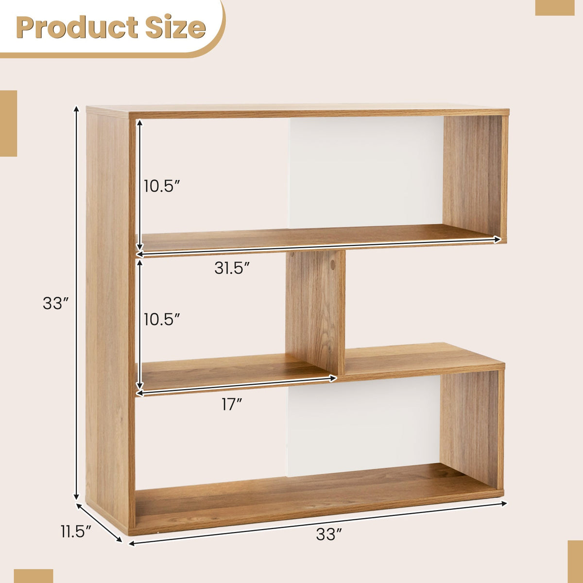 Concave Bookshelf 3-Shelf Open Bookcase with Anti-Toppling Device