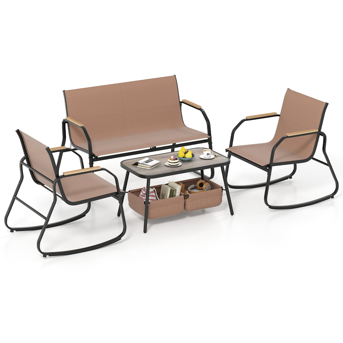 4 Pieces Patio Set with Rocking Bistro Chairs and Breathable Mesh Fabric-Coffee