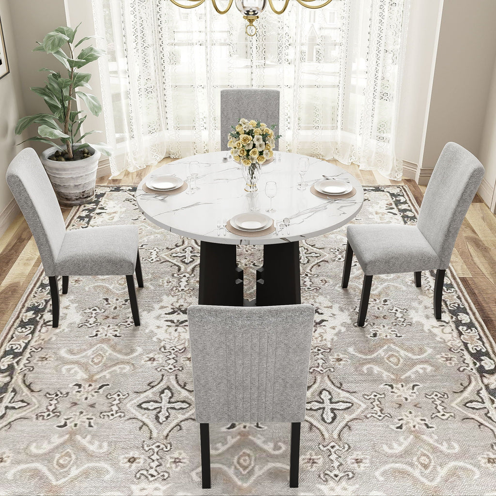 5 Piece Round Dining Table Set, Dining Table And 4 Upholstered Chairs