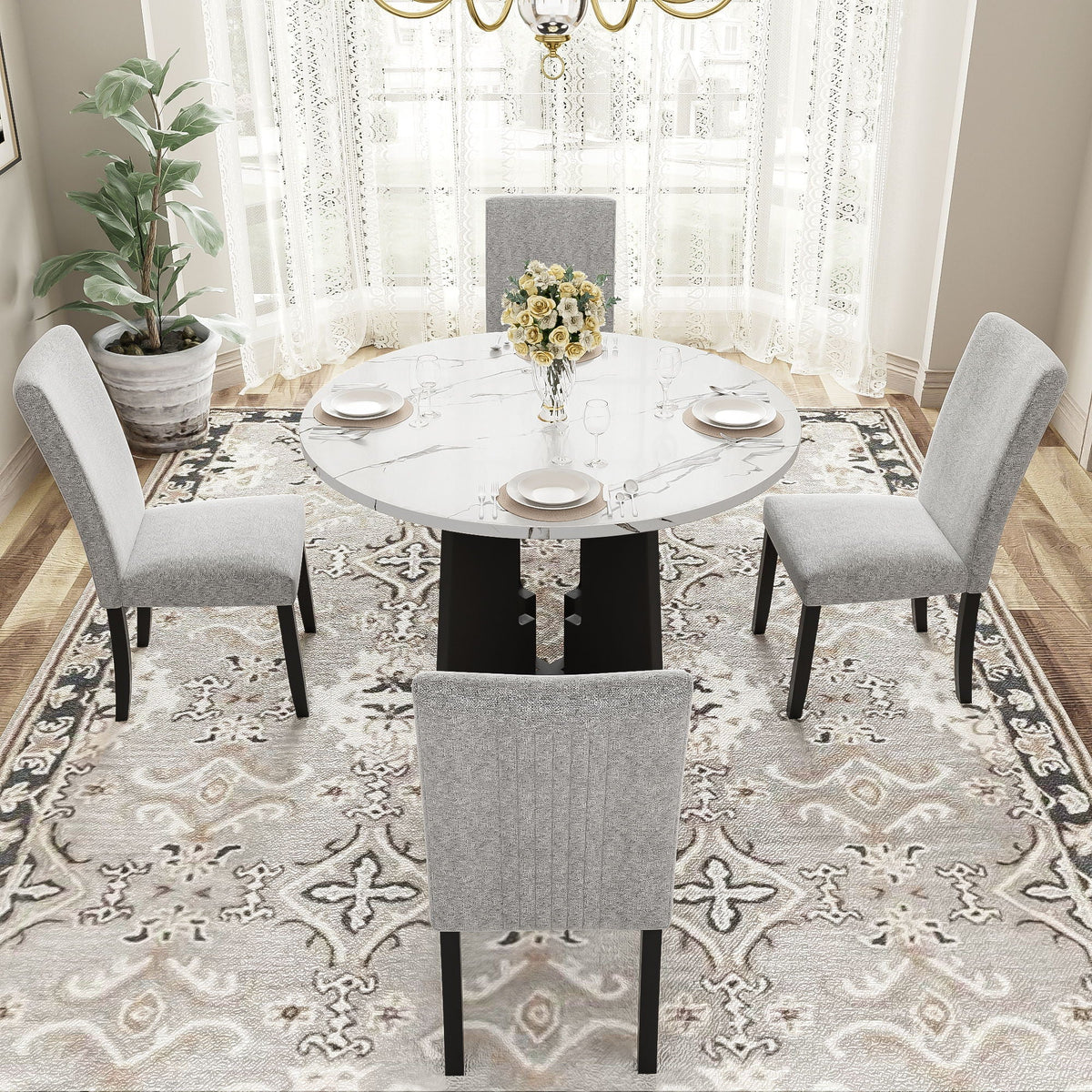 5 Piece Round Dining Table Set, Dining Table And 4 Upholstered Chairs
