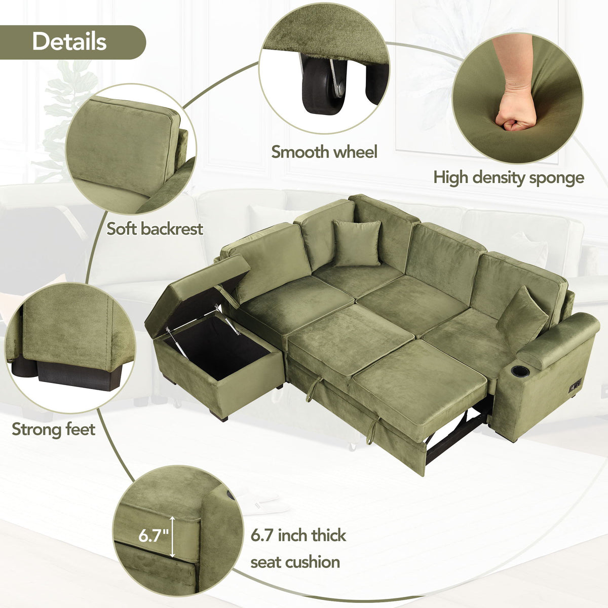2 In 1 Pull Out Sofa Bed, L Shape Couch With Storage Ottoman