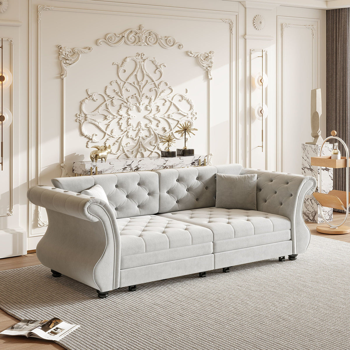Oversized Chesterfield Pull Out Sofa Bed with Flower Tufting