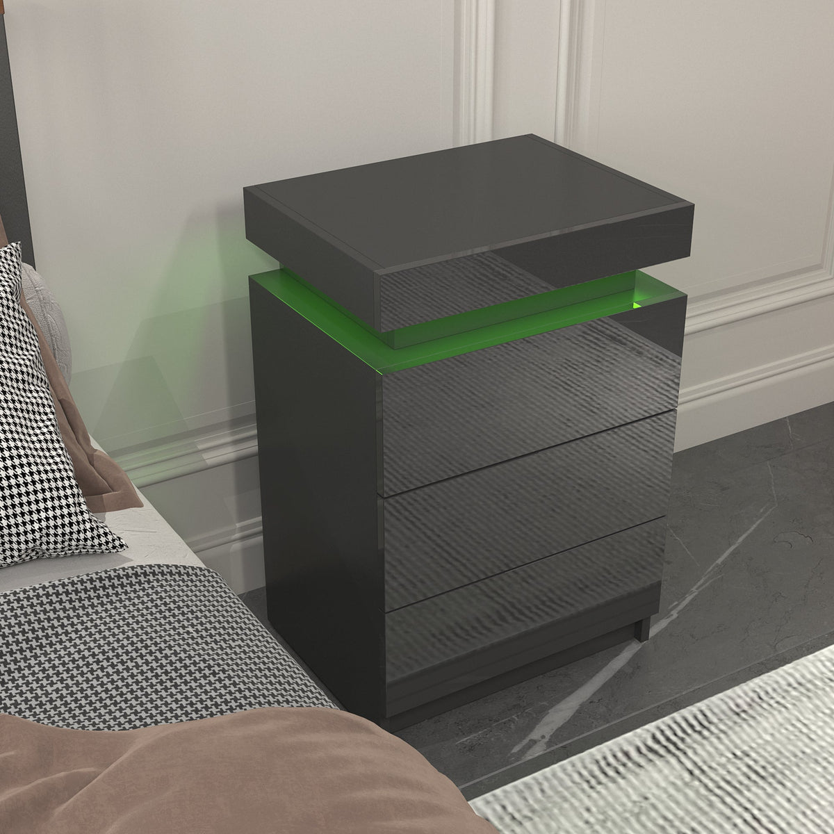 LED Black Nightstand Modern Multi-Colour LED Night Table Bedside Tables for Bedroom