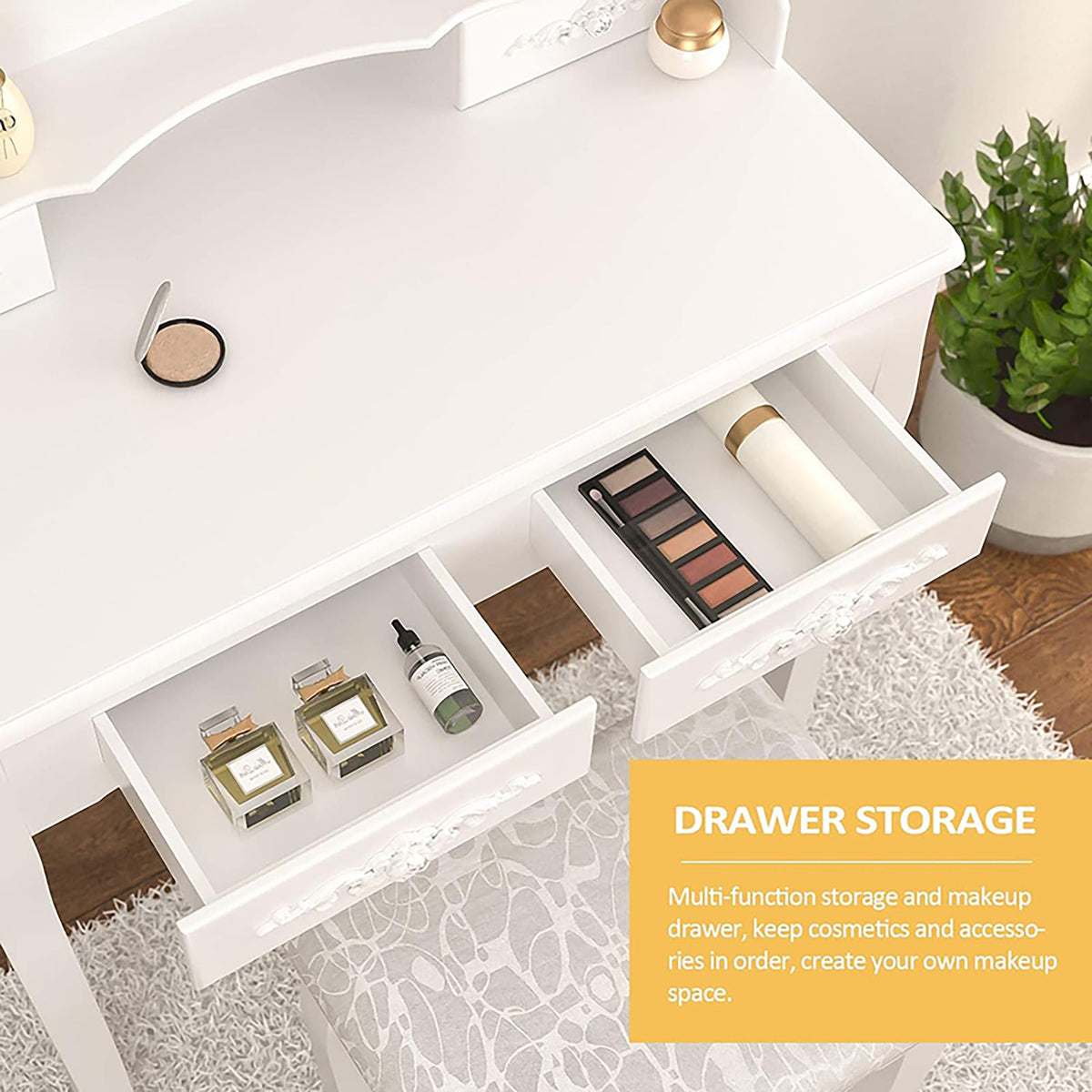 Vanity Table Set with 4 Drawer, Makeup Dressing Table w/Cushioned Stool