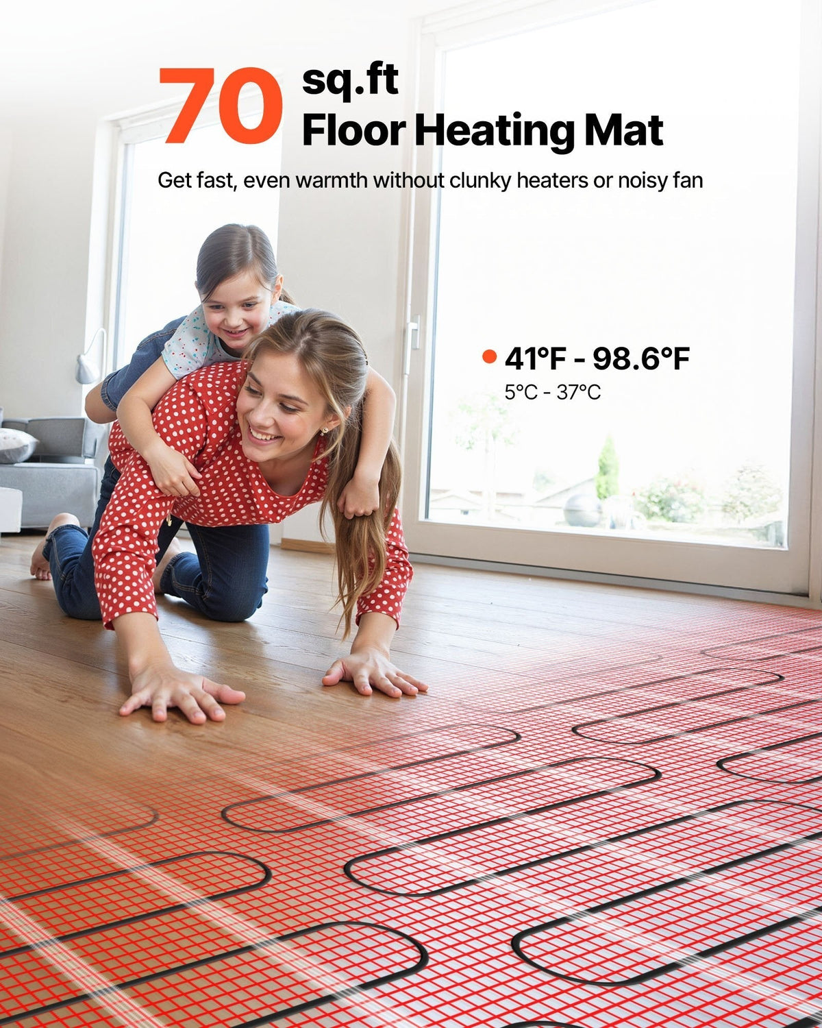 70 sqft Self-Adhesive Mesh Floor Heating Mat System, 120V Electric Radiant Heated Floor System, with Smart Control Thermostat & Alarm, Easy Installation for Tile, Stone, Vinyl