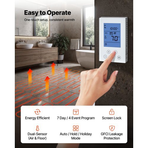 70 sqft Self-Adhesive Mesh Floor Heating Mat System, 120V Electric Radiant Heated Floor System, with Smart Control Thermostat & Alarm, Easy Installation for Tile, Stone, Vinyl