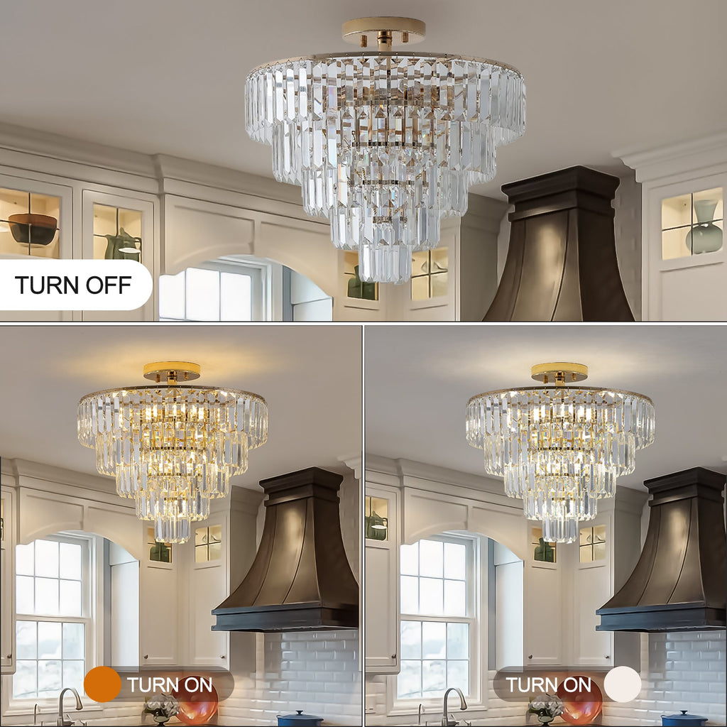 Gold Crystal Chandeliers,5-Tier Round Semi Flush Mount Chandelier