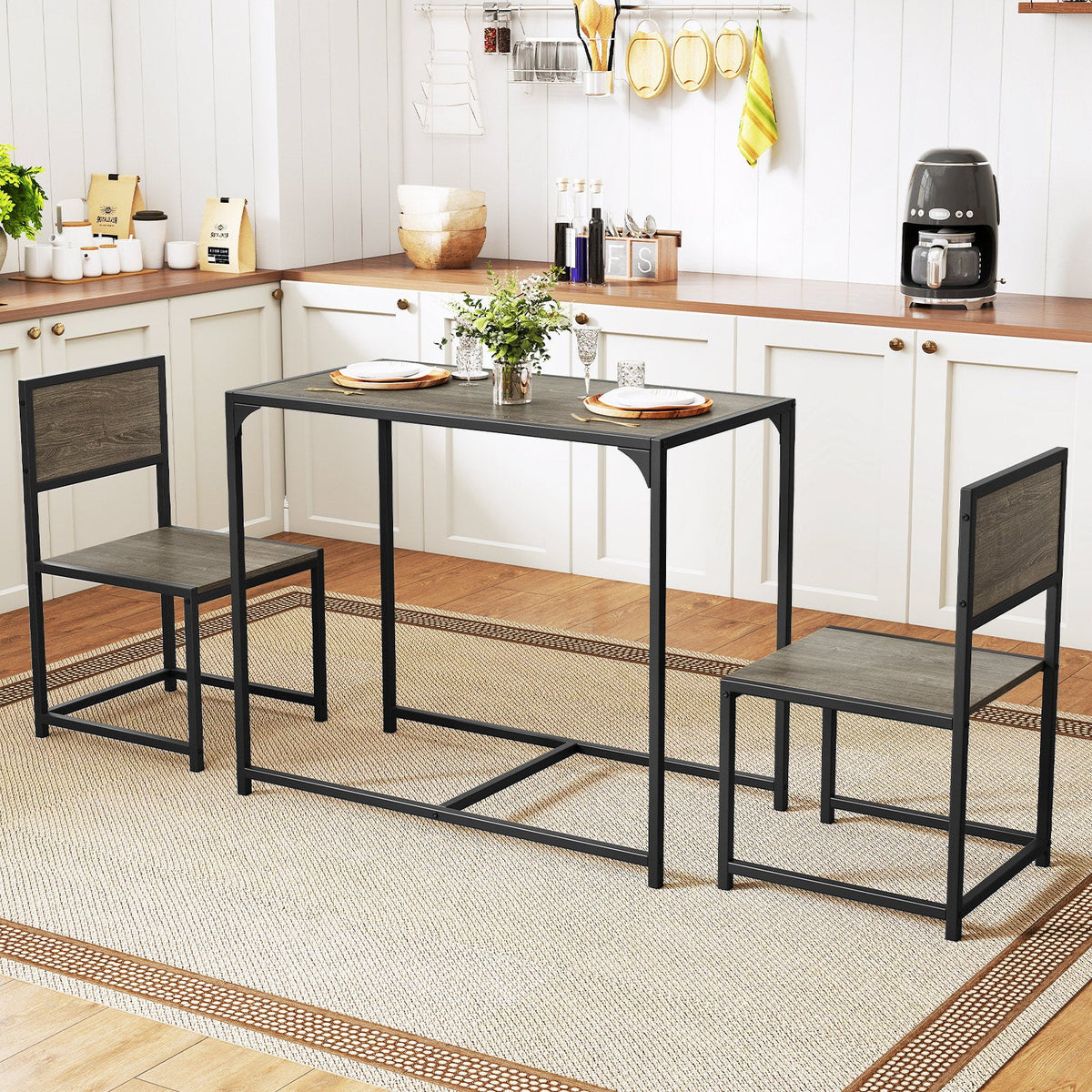3 Pcs Dining Set Compact Table and 2 Chair with Metal Frame