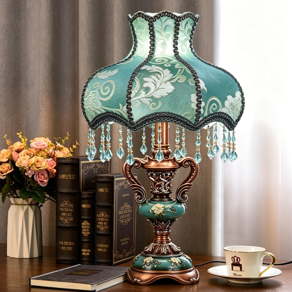 Victorian Floral Table Lamp – Lace Lampshade & Beaded Fringe, Antique Bedside Night Light