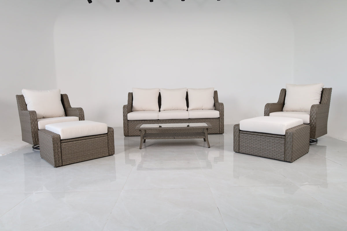 Luxury Rattan Patio Conversation Set with Swivel Chairs & Sofa - Light Gray