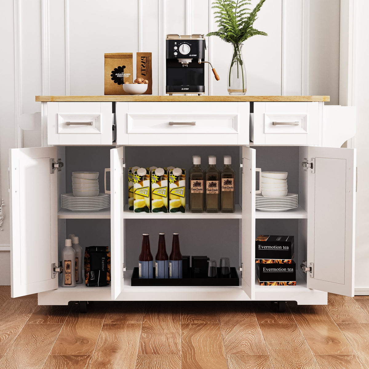 54-Inch Large Kitchen Island with Rubber Wood Drop Leaf