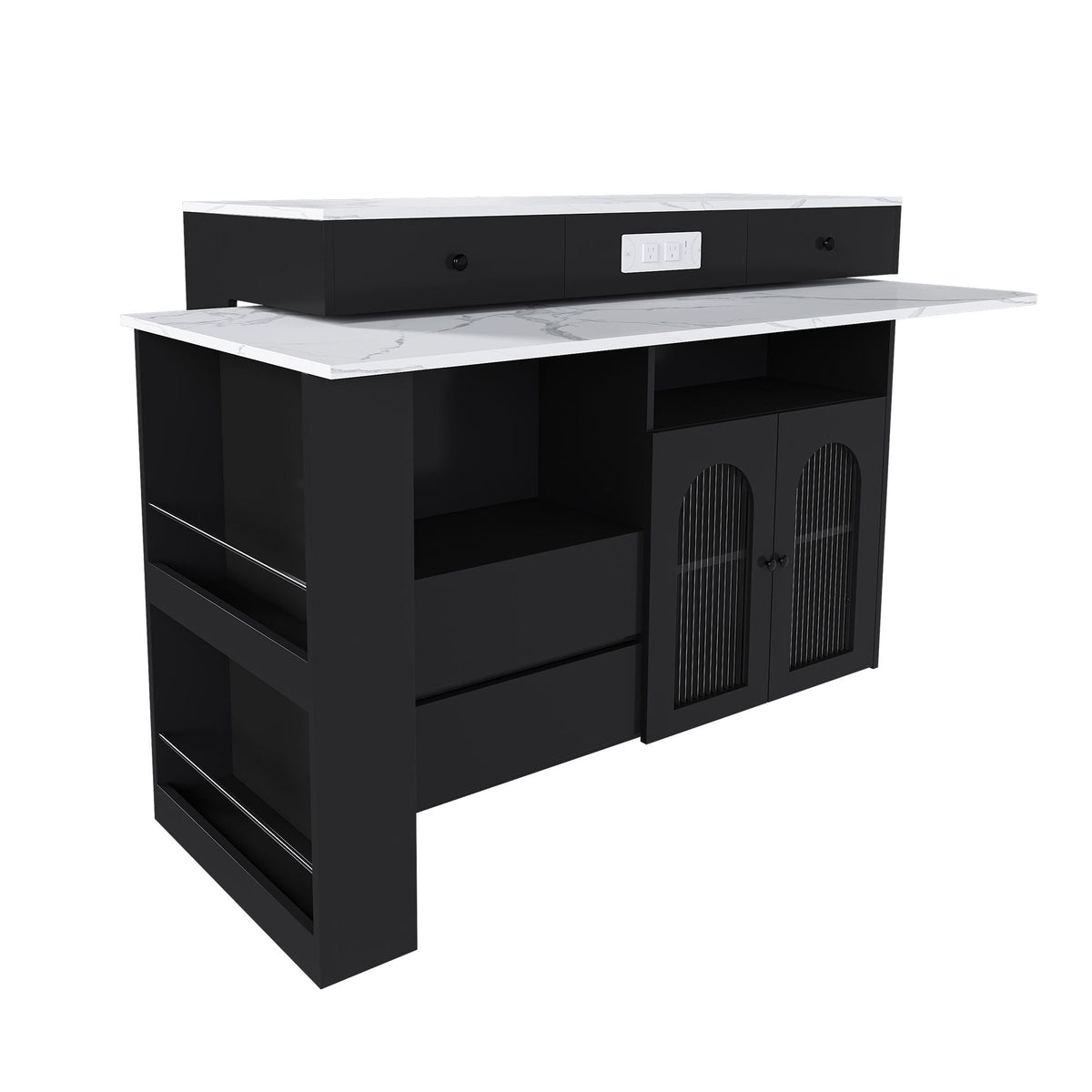 Kitchen Island, Extendable Rotating Table, 4 Drawers & Glass Doors