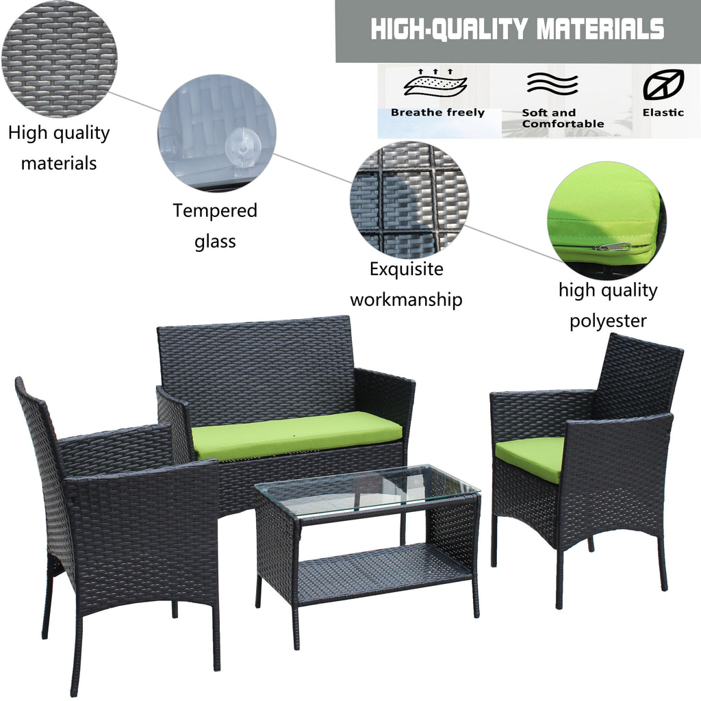 4 PC Rattan Patio Set Outdoor Cushioned Wicker Sofa Green Cushion