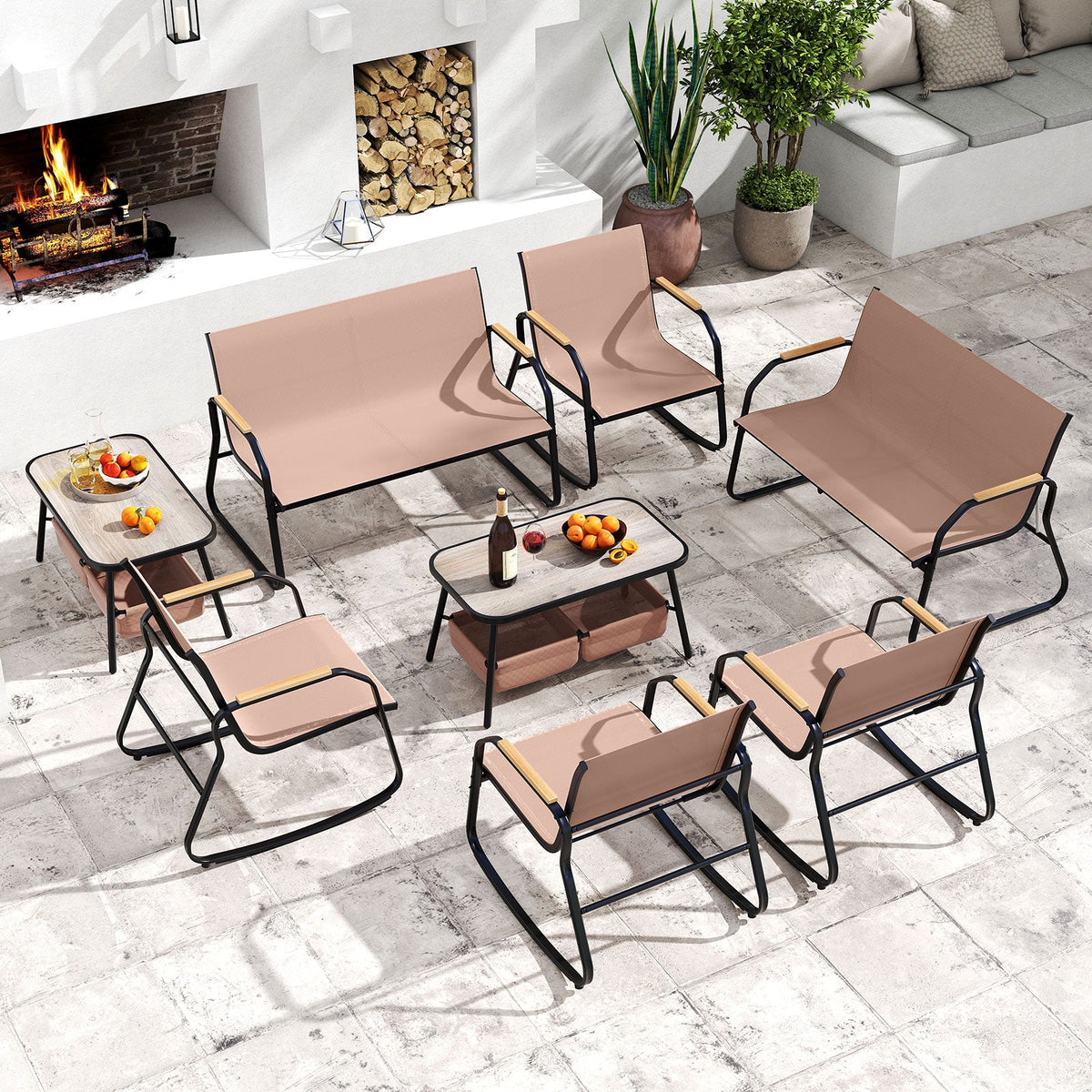 4 Pieces Patio Set with Rocking Bistro Chairs and Breathable Mesh Fabric-Coffee