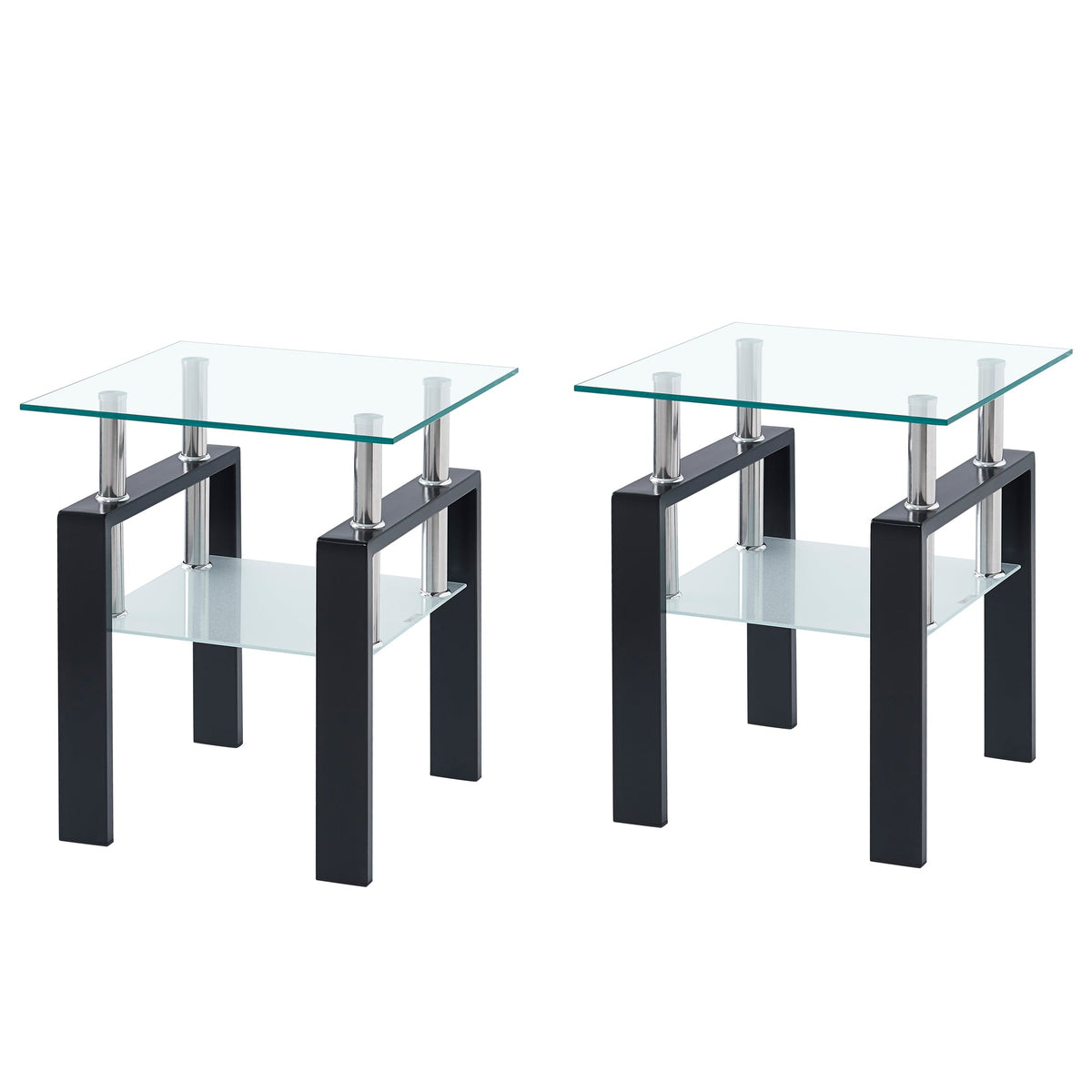 Tempered Transparent Glass End Table 2-Layers with Storage