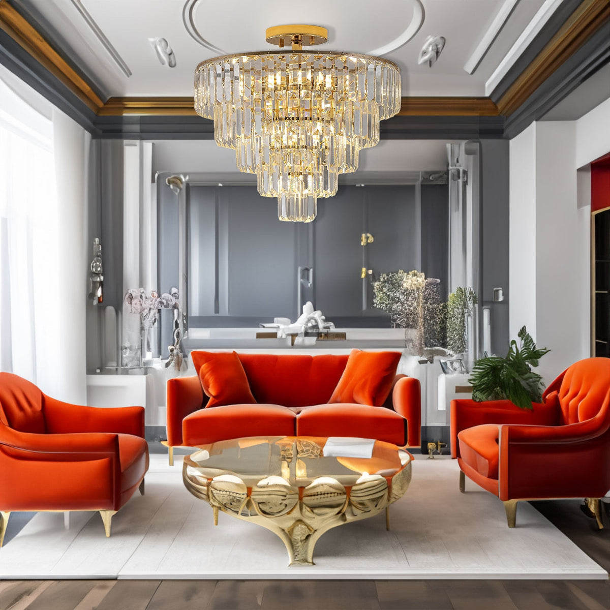 Gold Crystal Chandeliers,5-Tier Round Semi Flush Mount Chandelier