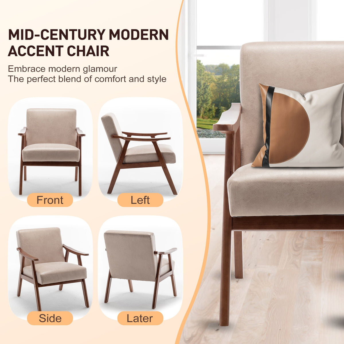 Mid Century Modern Accent Chair With Solid Wood Frame