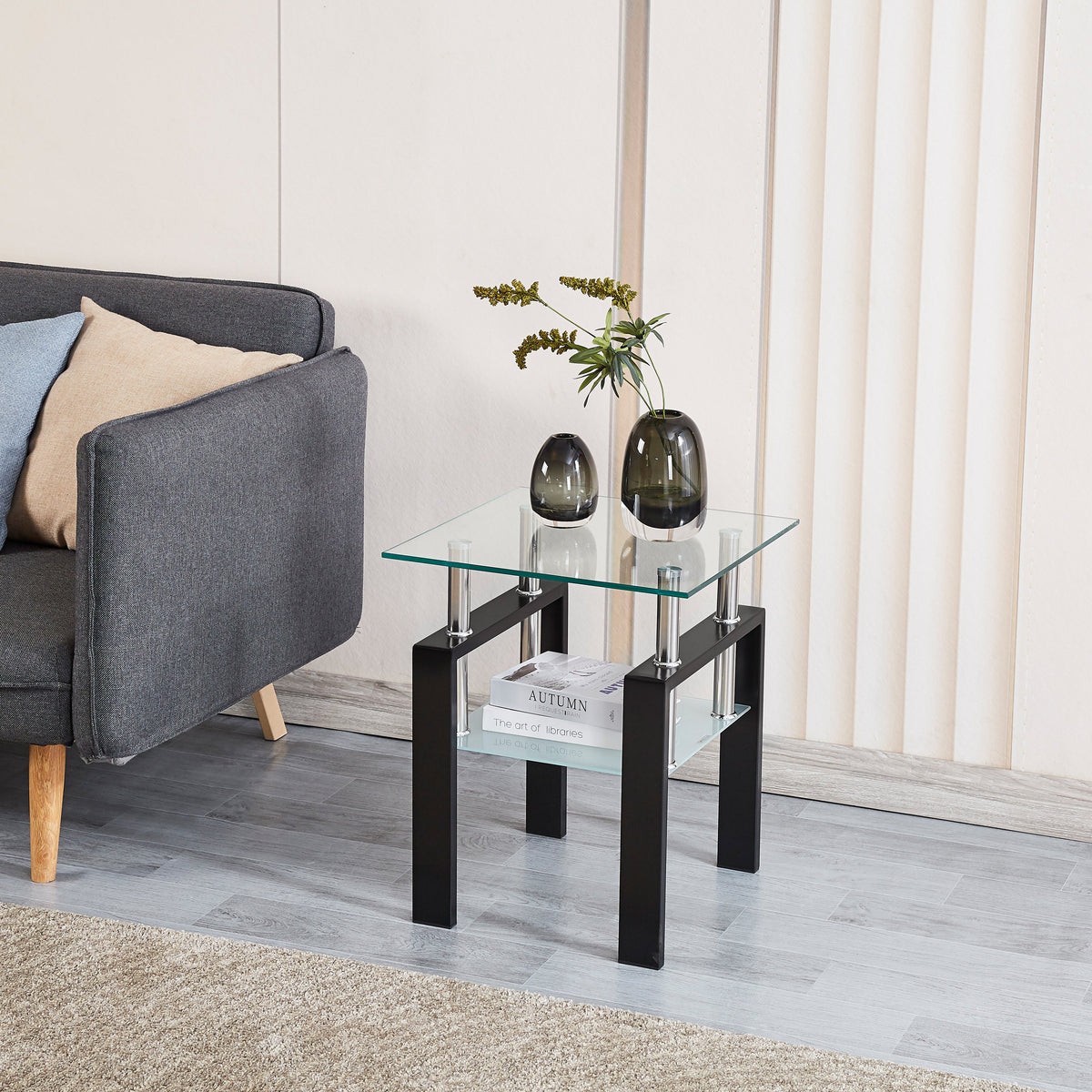 Tempered Transparent Glass End Table 2-Layers with Storage