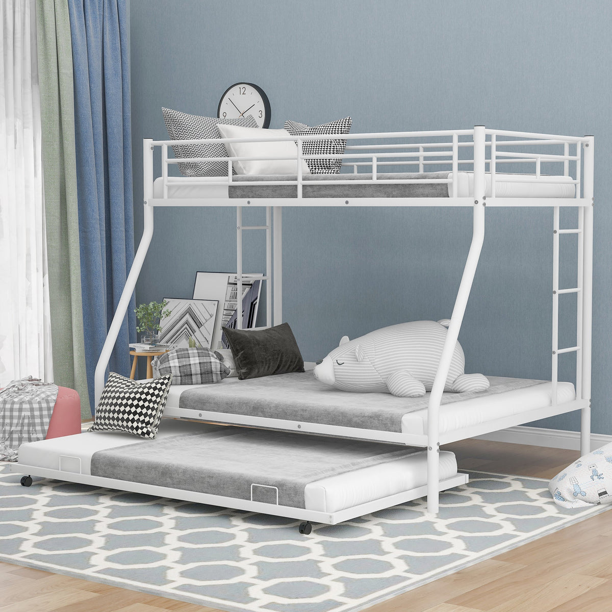 Twin over Full Bed with Sturdy Steel Frame Bunk Bed with Twin Size Trundle