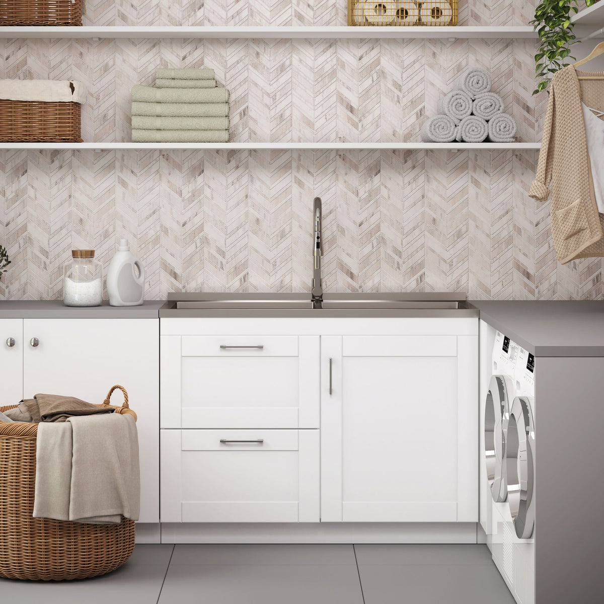 Modern Wide Laundry Cabinet With Faucet And Sink - White