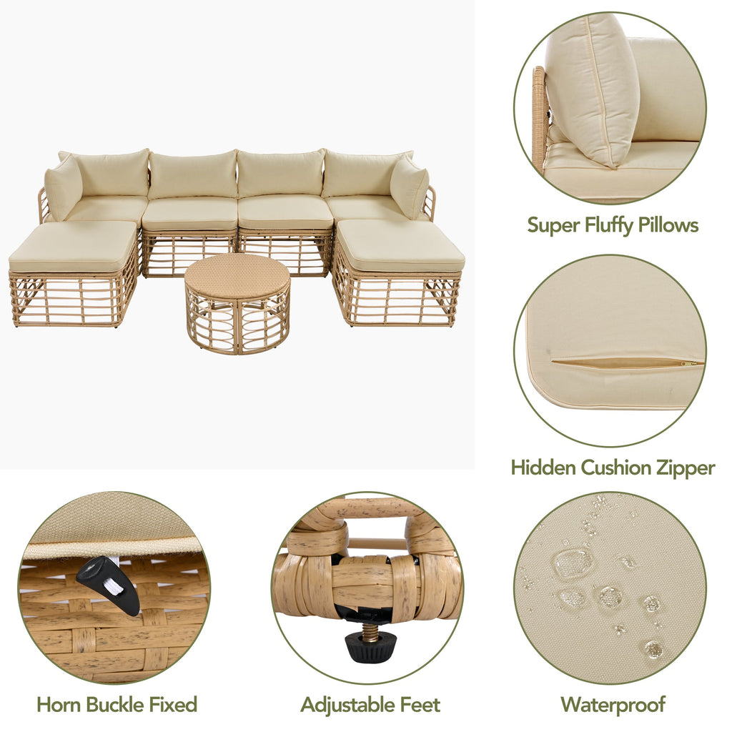 7 Pieces Outdoor Patio Furniture, All-Weather Rattan Sectional Sofa Set