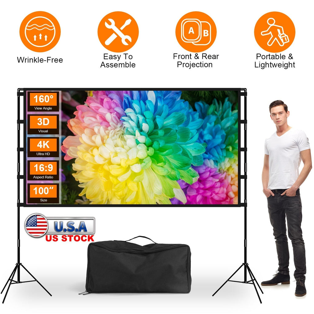 100inch Projector Screen with Stand 16:9 4K HD Rear Front Wrinkle-Free
