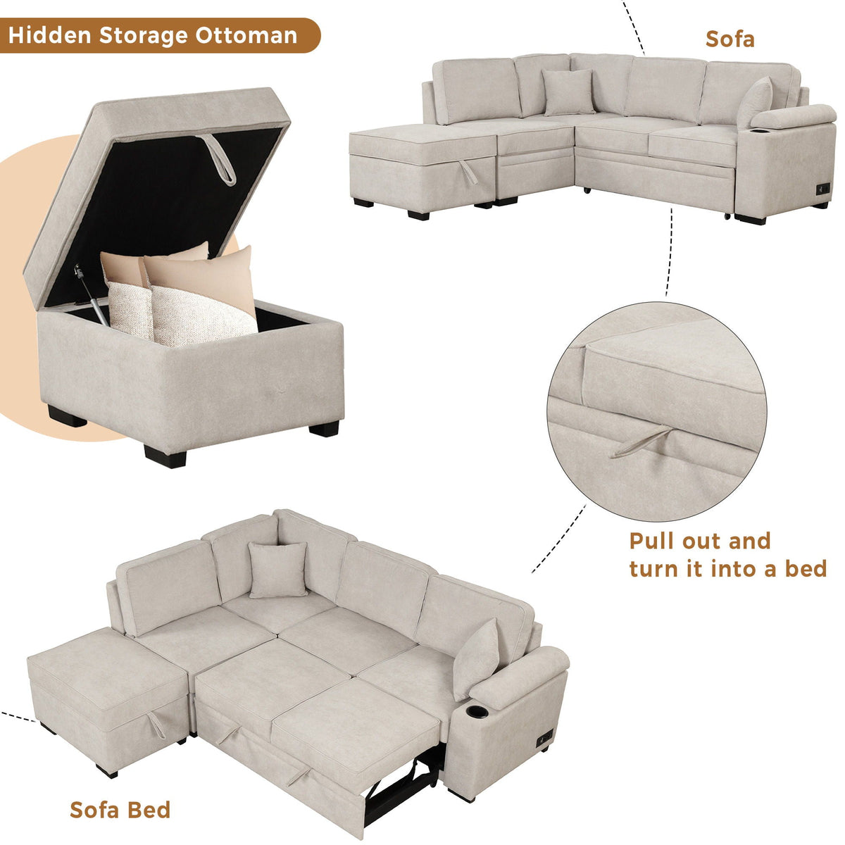 2 In 1 Pull Out Sofa Bed, L Shape Couch With Storage Ottoman