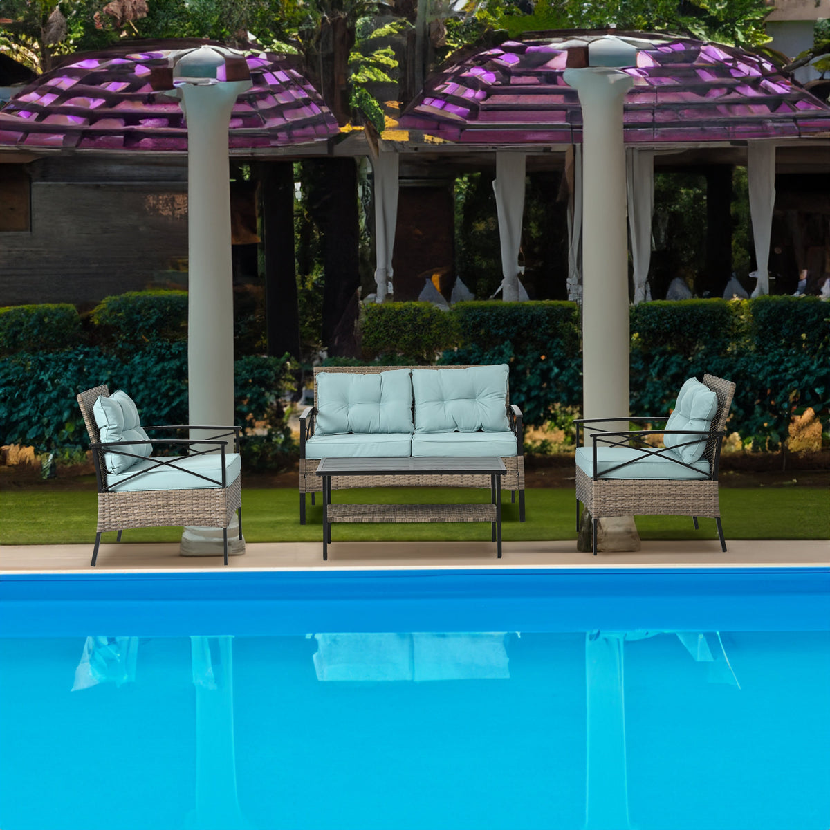 Patio Furniture, Four Set Wicker Furniture With Black Metal Table