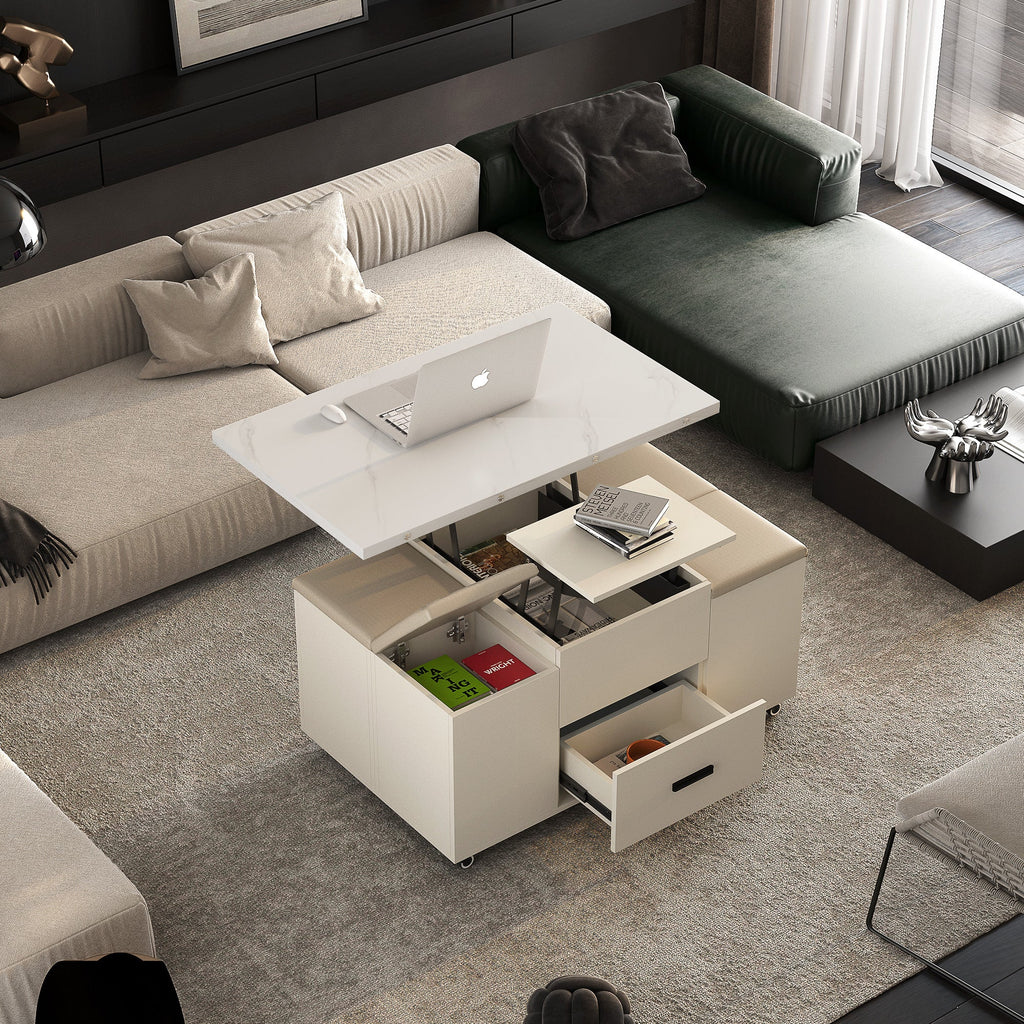 Modern lift coffee table, living room with 4 chairs, expandable, 1 hidden storage space