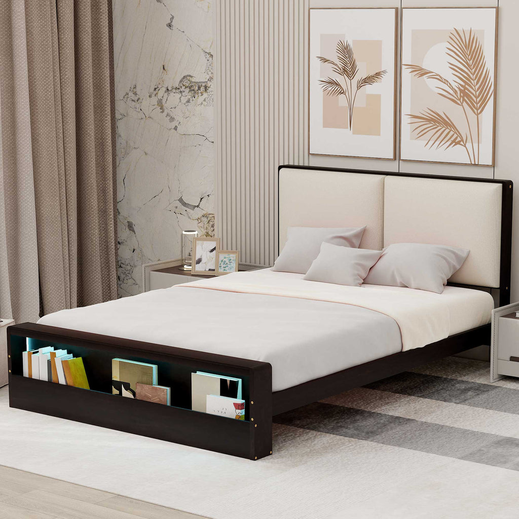 Queen Size Platform Bed Frame with Upholstery Headboard and Bookshelf