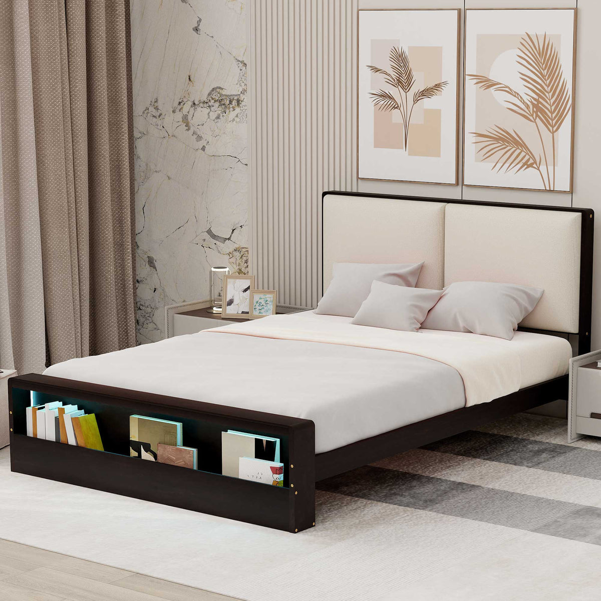 Queen Size Platform Bed Frame with Upholstery Headboard and Bookshelf