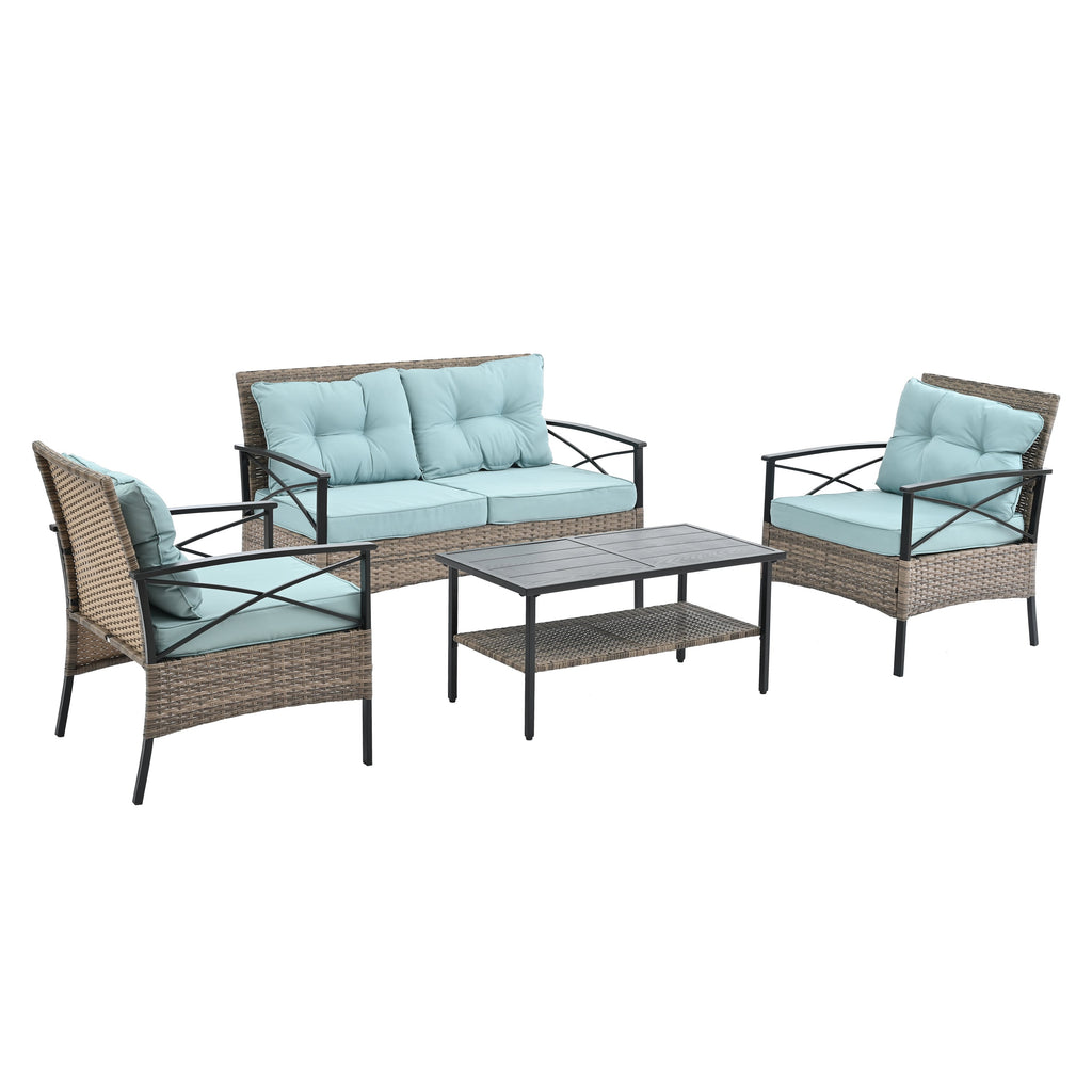 Patio Furniture, Four Set Wicker Furniture With Black Metal Table