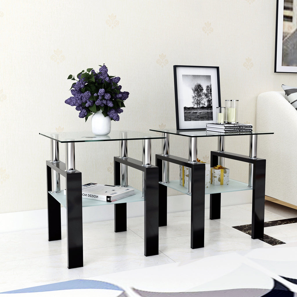 Set of 2, Modern Tempered Glass Tea Table Coffee Table End Table