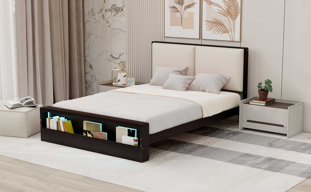 Queen Size Platform Bed Frame with Upholstery Headboard and Bookshelf